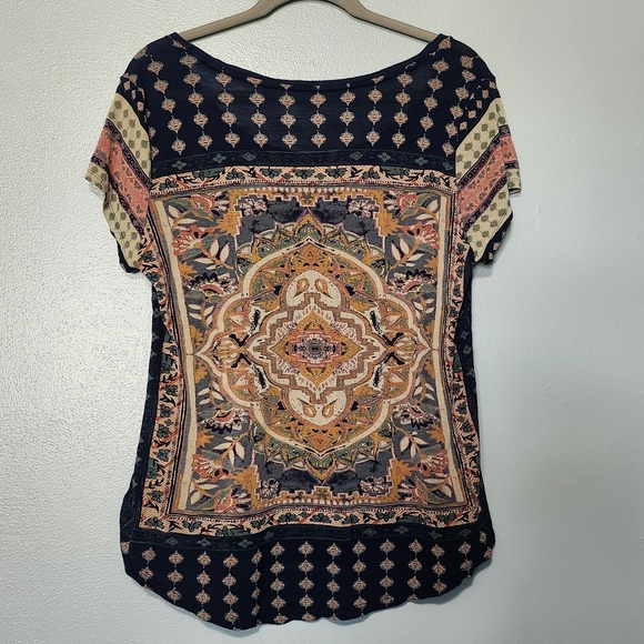 LUCKY BRAND Y2K Bohemian Indian Tapestey Indigo Short Sleeve Top Size Large - Picture 5 of 13